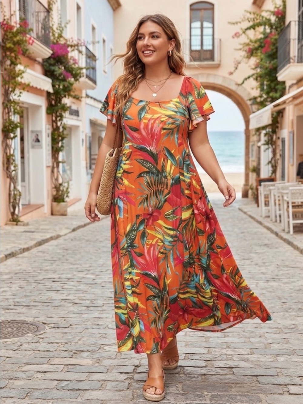 Attitudes by Renee Floral Maxi Dress 2X Tropical Flutter Sleeve Pockets